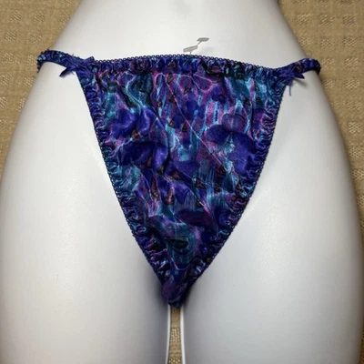 Bragas de bikini de satén brillantes con estampado floral azul púrpura de colección años 90 L/7 nuevas sin etiquetas Foto 1 de 4