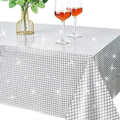 54 x 108 Inches Disco Party Tablecloth Mirror Silver Foil Table Cloth Glitter... - Image 1 of 4
