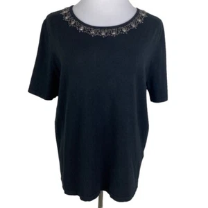 Samantha Grey Black Beaded Neckline Short Sleeve Sweater Women's Medium - Picture 1 of 7