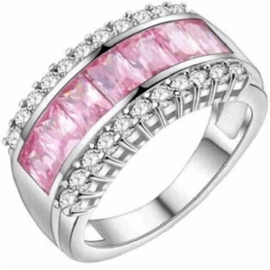 Elegant White Gold Plated Pink Rhinestone White Topaz Charm Ring Size 9.5 - Picture 1 of 1