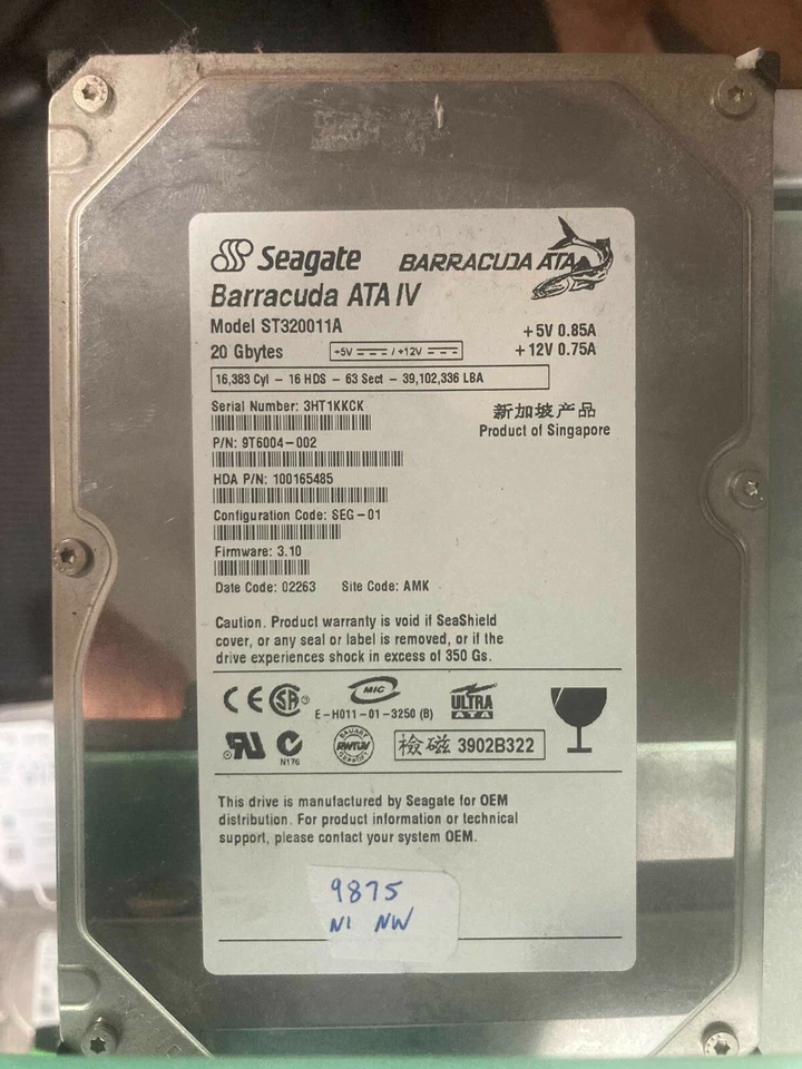 SEAGATE BARRACUDA IV ST320011A 20GB IDE HARD DRIVE GOOD WORKING ORDER 3HT1KKCK - Image 1 of 1