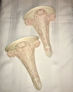 2 Vintage Wall Sconce Shelf Feather Design Display Pink Cream Romantic Chic 1940 - Picture 1 of 5