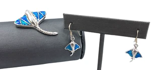 Stingray Pendant Earrings Set 925 Sterling Fire Opal Inlay - Picture 1 of 12