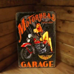 Motorhead Garage Redhead Pinup Motorcycle Sign Metal Poster Vintage Style - Picture 1 of 2