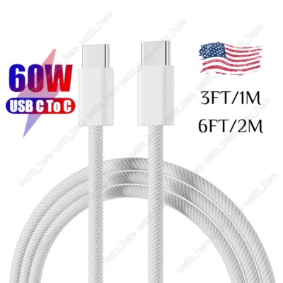 60W USB C to C Cable Fast Charge PD Nylon Cord 3FT 6FT for iPhone15 Pro Samsung - Image 1 of 4