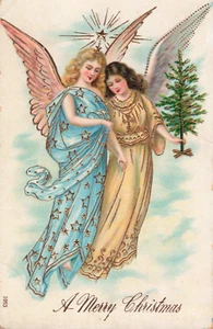 Christmas Angels Postcard Angels in Blue and Gold with Tree c 1910 F9 - Picture 1 of 2