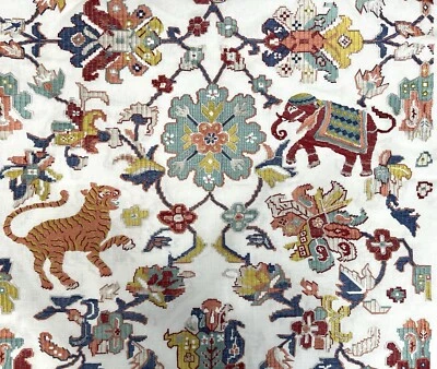 Animal Tapestry ~ Red Teal Jane Churchill Embroidered Linen  Drapery Upholstery - Image 1 of 4