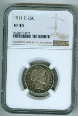 U.S. 1911-D BARBER QUARTER NGC VF-30 - Image 1 of 2