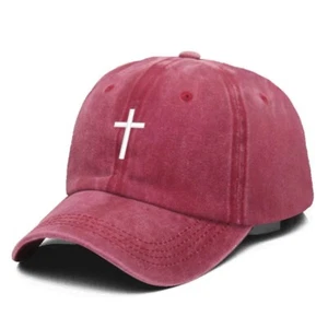Red Cross Embroidered Christian Baseball Cap, Washed, Adjustable Hat, Jesus, God - Picture 1 of 2