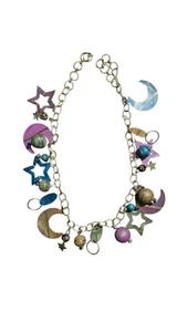 Celestial Necklace Brass Glass Bead Sun Stars Moon Colorful Dangle Charms Vtg - Picture 1 of 6