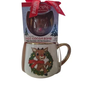 Rudolph das Rentier mit der roten Nase heiße Kakaobombe creme/gold Becher Weihnachtskranz - Bild 1 von 4