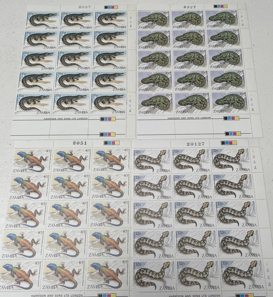1984 Zambia Stamps Sheets (4). Reptiles. 60 Stamps.  - Image 1 of 4