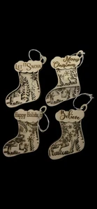 Christmas Stocking Deer Seen Ornaments. Hand Crafted Laser Cut. 3 X 4 Inches. - Picture 1 of 5