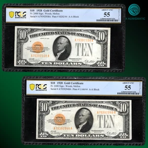 *2 NOTES* FR.2400 1928 $10 Dollars Gold Certificate, Gold Seal, PCGS 55 , 92938 - Picture 1 of 2