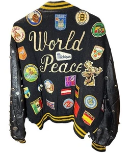 VTG 70s World Peace Letterman Bomber Jacket Leather Protest Hippie Patches USA - Picture 1 of 11