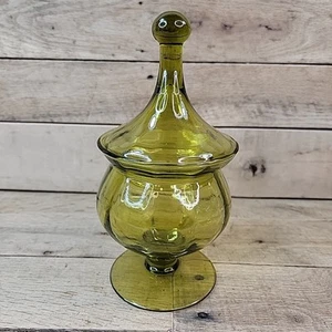 Vtg 8.75” Olive Empoli Glass Candy Dish Apothecary Jar Optic Footed Circus Tent - Picture 1 of 10