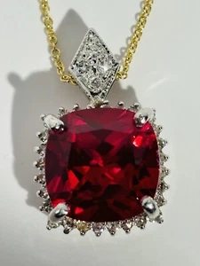 red ruby 14kt gold necklace 5.8gr 32pt natural diamonds 11.5mm lab created ruby - Picture 1 of 7