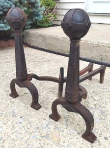 Art Deco Mission Arts & Crafts Cast Iron Cannonball Fireplace Andirons Set Of 2 - Picture 1 of 9