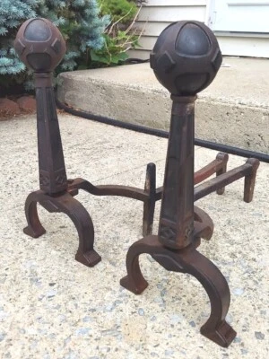 Art Deco Mission Arts & Crafts Cast Iron Cannonball Fireplace Andirons Set Of 2 - Image 1 of 4