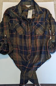 Sim & Sam Women's Large Long Sleeve Shirt Plaid Button Tie Front NWT New - Picture 1 of 10
