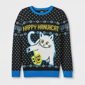 Kids Mad Engine Hanukkah CAT Sweater - Happy Hanukcat- Boys LARGE - NEW - Picture 1 of 4