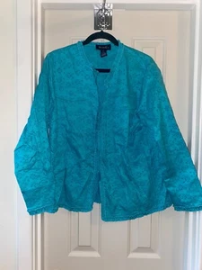 DENIM & CO Ruffle Trim Eyelet Jacket TURQUOISE sz 1X - Picture 1 of 3