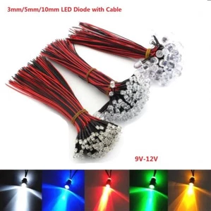 "Diodo emisor de luces LED 3 mm/5 mm/10 mm precableado línea 8" blanco rojo CC 9V-12V - Imagen 1 de 12