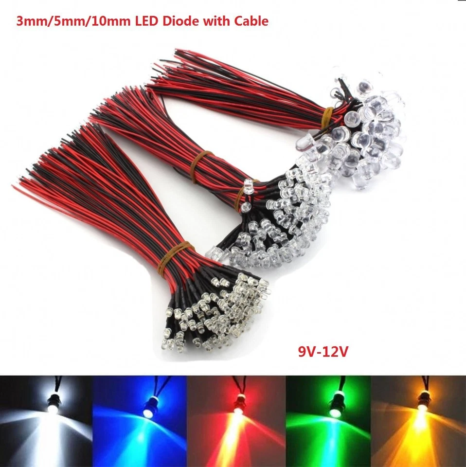 3mm/5mm/10mm LED Lights Emitting Diode Pre-Wired 8"Line White Red DC 9V-12V - Image 1 of 4