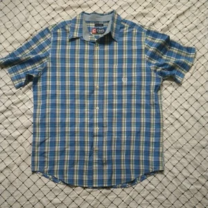 Chaps Men's Button Up Sz m Blue Yellow Green White Plaid - Picture 1 of 11