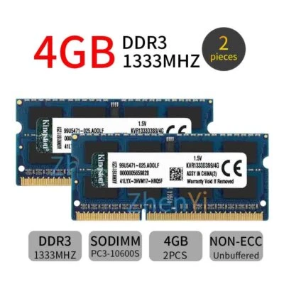 Kingston 8Go 2x 4Go DDR3 1333Mhz PC3-10600S KVR1333D3S9/4G Laptop Mémoire RAM FR - Photo 1/4
