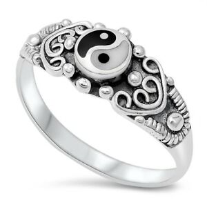.925 Sterling Silver Yin Yang Stone Spiritual Fashion Ring Size 4-12 NEW