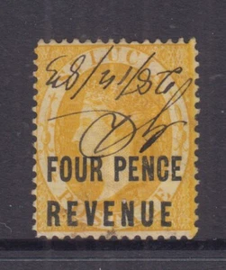 St LUCIA 1882  4d Yellow QV ovpt FOUR PENCE/  REVENUE in Black -FU - Bild 1 von 1