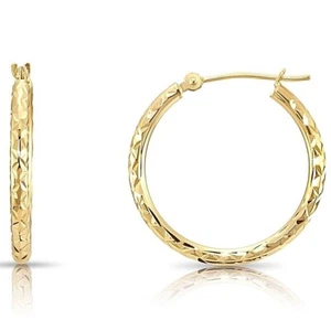 Aretes tipo argolla redondos de oro amarillo macizo de 14K grabados a mano con corte de diamante X todos los tamaños - Imagen 1 de 29