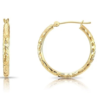 14K Solid Yellow Gold Hand Engraved X Diamond-Cut Round Hoop Earrings All Sizes - Image 1 of 4