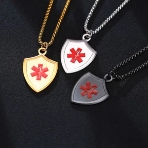 Personalized Engraving ID Name Medical Alert Men Necklace Guard Shield Pendant - Picture 1 of 35