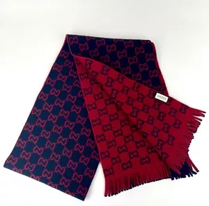 Gucci Midnight Blue Wool Red Monogram GG Long Scarf with Fringe 600947 4074 - Picture 1 of 8