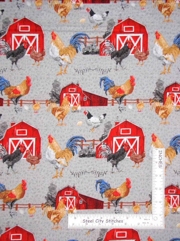 Chicken Rooster Farm Bird Barn Egg Gray Cotton Fabric Blank Textiles By The Yard - Image 1 of 1