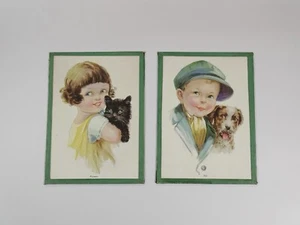 "2 impresiones infantiles vintage años 30 guardería perro gato niño niña esmaltado 11"" X 8""" - Imagen 1 de 8