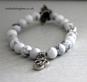 OM LOTUS Charm Calmness Chakra Howlite Stone Yoga Wrist Mala Stretch Bracelet Om - Picture 1 of 2