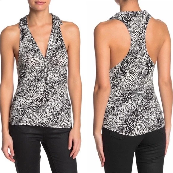 People Coco Printed Ruched Tank Top Black and White Combo XS Knit