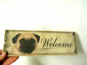 Letrero de pared colgante de bienvenida para perro Pug 12"" x 4"" colgador de yute - Imagen 1 de 4