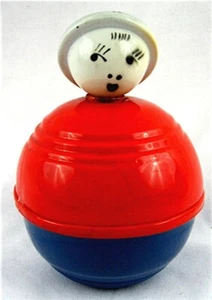 Bicchiere vintage patriottico celloide rosso bianco blu Roly Poly giocattolo vecchio negozio stock - Foto 1 di 4