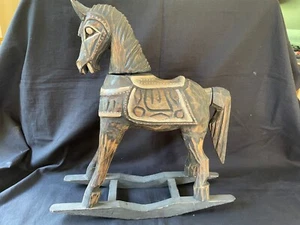 Antico Legno Intagliato Cavallo a Dondolo Folk Arte Bambino Misura - Foto 1 di 11