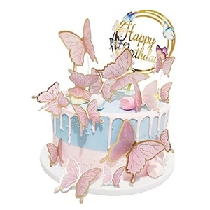 Butterfly Cake Toppers Decorations - 1 Big Happy Birthday Cake Topper Pink Gold - Picture 1 of 7