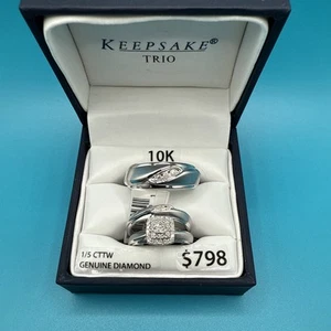 10K Trio massiver Weißgold Ring drei Stück 1/5 cttw echte Diamanten Größe 7 & 11 - Bild 1 von 20
