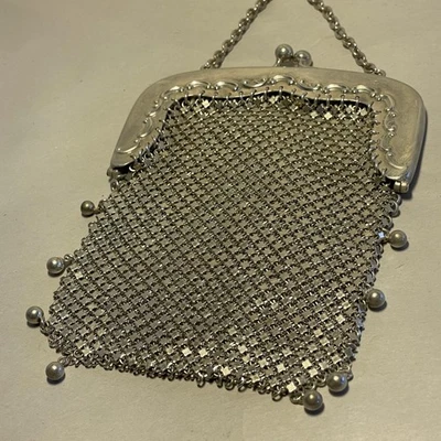 Borsa da sera Gorham in argento sterling a rete da polso con frange a sfera anello da dito - Immagine 1 di 4