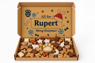 Christmas Dog Treat Gift Box, Personalise With Your Pets Name, Assorted Treats