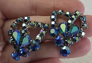 Orecchini Vintage AB Aurora Boreale Pavone Blu Argento Clip On - Foto 1 di 8