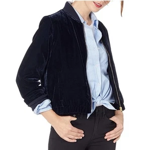 Damen J.Crew marineblau Samt Velours Bomberjacke durchgehender Reißverschluss gerippter Besatz Small - Bild 1 von 9