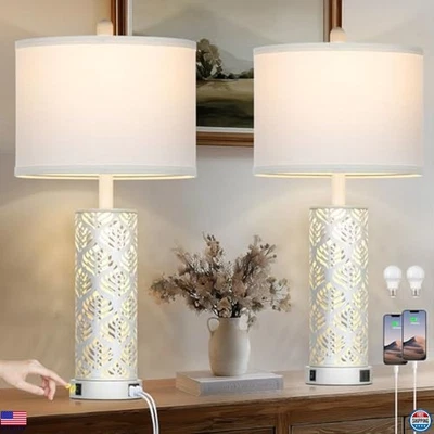 Set of 2 Rustic White Table Lamps - Vintage Farmhouse Nightstand Lighting with - Image 1 of 4